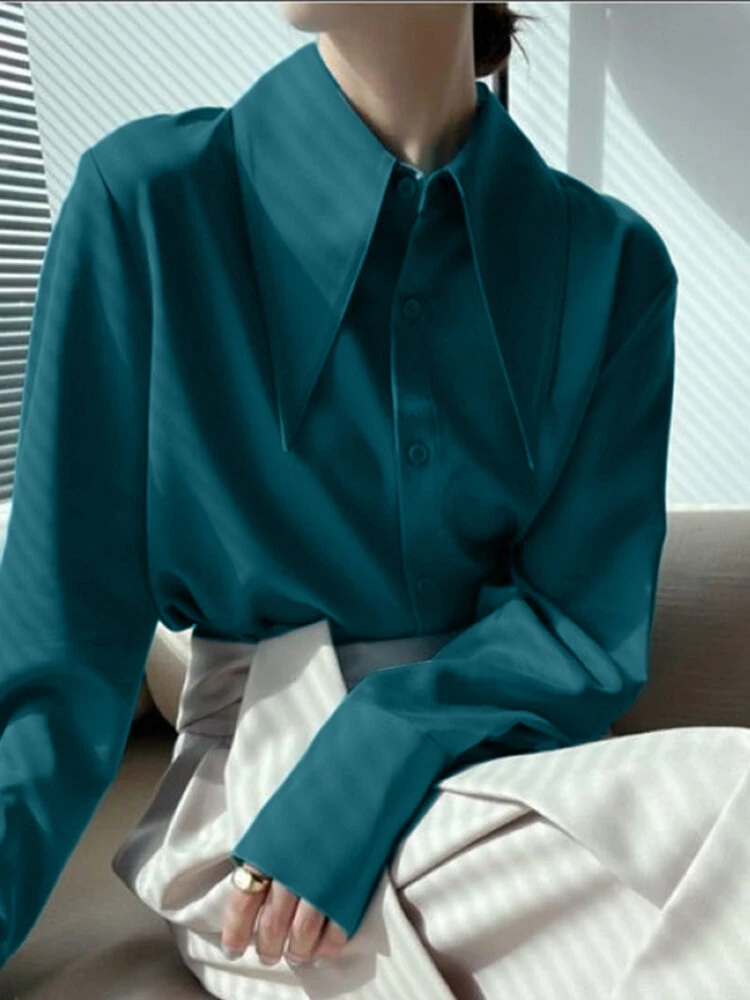 Satin Solid Button Front Long Sleeve Lapel Loose Shirt 7 Satin Solid Button Front Long Sleeve Lapel Loose Shirt - Image 7