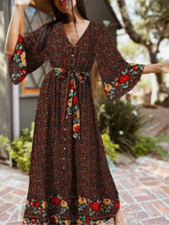 Bohemian Floral Print Belt Ruffle Sleeve Maxi Dress -Zanzea Shop a1711d1a 988c 450a 8b9b 138fc2bd0963