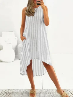 Women Striped Crew Neck High-Low Hem Sleeveless Dress -Zanzea Shop a181af89 0d9f 46a7 bb7d 39500e35a824