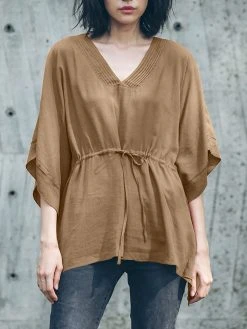 Solid Loose Drawstring Waist V-neck Dolman Sleeve Blouse -Zanzea Shop a199f0d9 2c47 47f6 8f93 30707ffb7e67