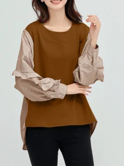 Stripe Patchwork High-low Long Sleeve Crew Neck Blouse -Zanzea Shop a19e9c24 de9f 42d6 8ad7 fb93fc6acd5a