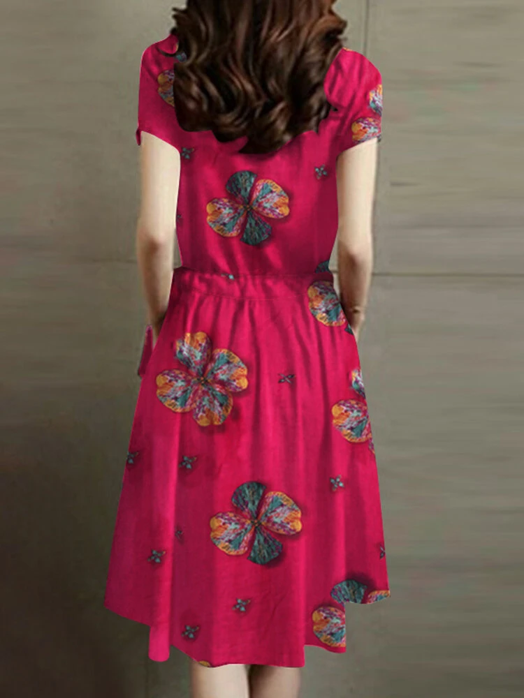 Flower Print Drawstring Waist Pocket Short Sleeve Vintage Dress 4 Flower Print Drawstring Waist Pocket Short Sleeve Vintage Dress - Image 4