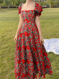 Random Allover Floral Print Puff Sleeve Square Collar Maxi Dress -Zanzea Shop a1af3977 aa8e 4965 9fbe b6a4e0908031