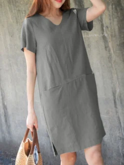 Solid Pocket Slit Hem V-neck Short Sleeve Vintage Dress 14 Solid Pocket Slit Hem V-neck Short Sleeve Vintage Dress -Zanzea Shop a1c4a795 0667 4af1 b17a 7db031e8a0f5