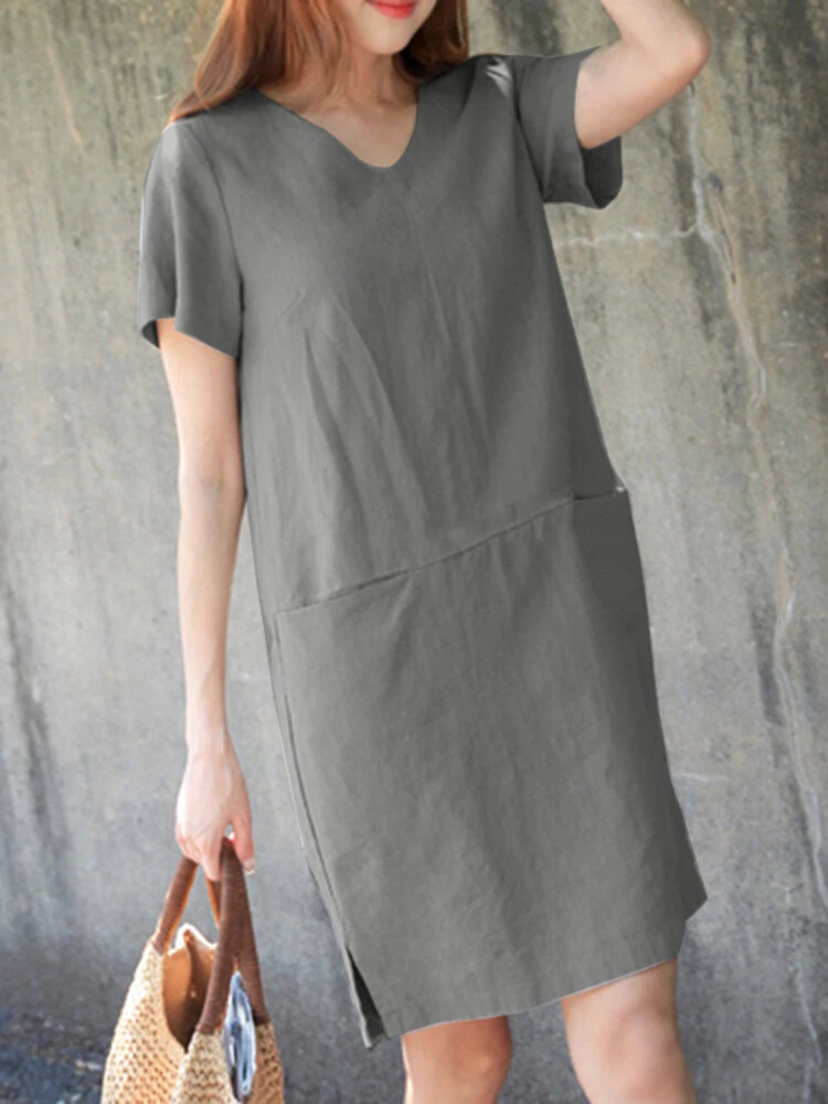 Solid Pocket Slit Hem V-neck Short Sleeve Vintage Dress 3 Solid Pocket Slit Hem V-neck Short Sleeve Vintage Dress - Image 3