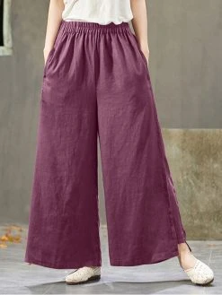 Solid Pocket Elastic Waist Wide Leg Casual Cotton Pants -Zanzea Shop a1f3c072 8eda 479b 86a1 2a82c369c36b
