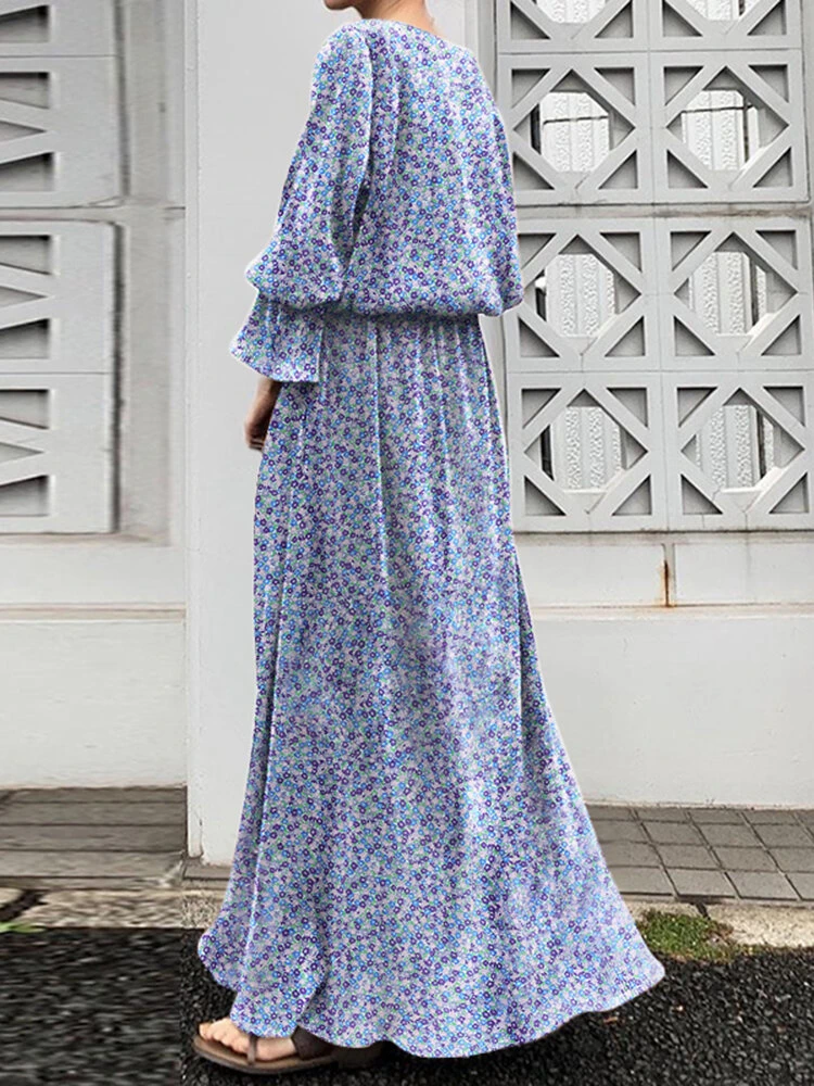Floral Print Long Bell Sleeve Crew Neck Slit Maxi Dress 2 Floral Print Long Bell Sleeve Crew Neck Slit Maxi Dress - Image 2