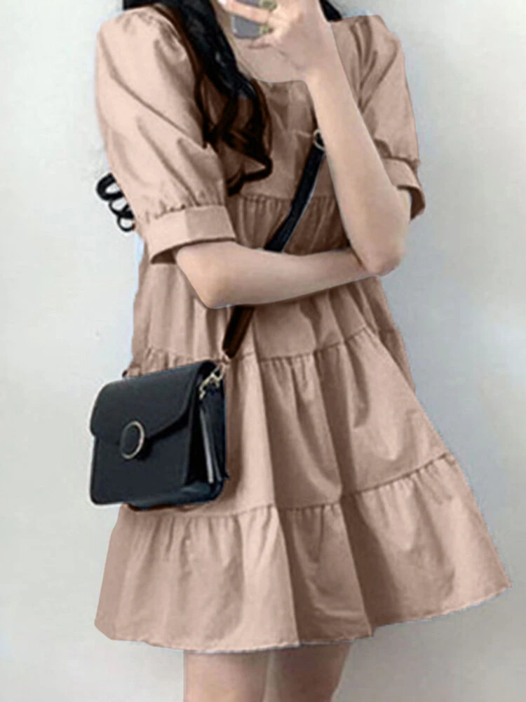 Puff Sleeve Square Collar A-line Solid Casual Dress 11 Puff Sleeve Square Collar A-line Solid Casual Dress - Image 11