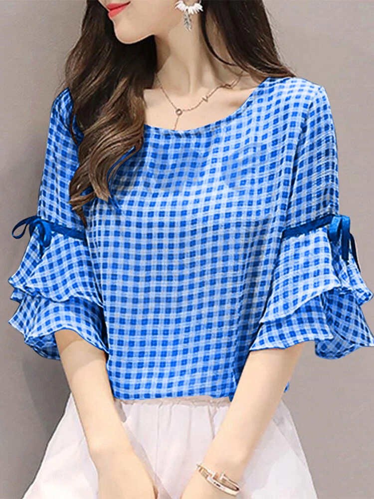 Plaid Knotted Patchwork Ruffle Sleeve Round Neck Blouse 5 Plaid Knotted Patchwork Ruffle Sleeve Round Neck Blouse - Image 5