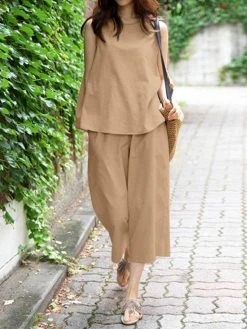 Women Solid Crew Neck Sleeveless Co-ords With Cropped Pants -Zanzea Shop a27e23fb c778 466b 9346 bb8305000ce4