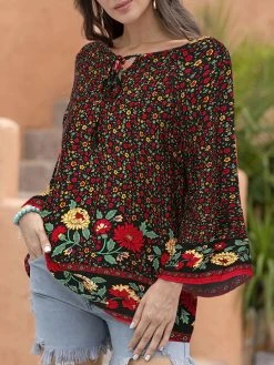 Flower Print Tie Front Bell Sleeve Bohemian Women Blouse -Zanzea Shop a27e837a 7eb9 4422 ba5b 272fc584fbf2