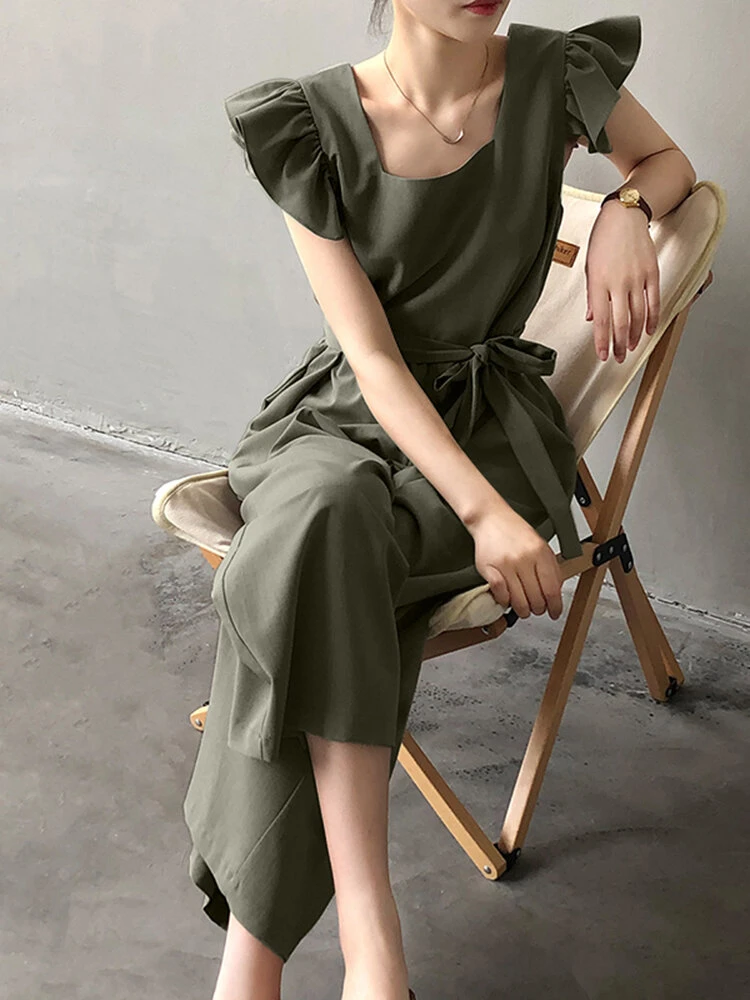 Solid Ruffle Sleeve Pocket Square Collar Wide Leg Jumpsuit 3 Solid Ruffle Sleeve Pocket Square Collar Wide Leg Jumpsuit - Image 3