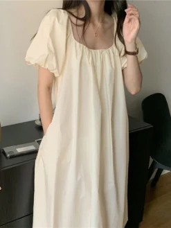 Solid Puff Sleeve Pocket Square Collar Midi Dress -Zanzea Shop a28e4035 a365 4281 8843 b486156c3f5d