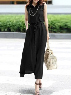 Solid Pocket Sleeveless Drawstring Waist Lapel Dress -Zanzea Shop a297355c b924 4068 bd39 66664110aa35