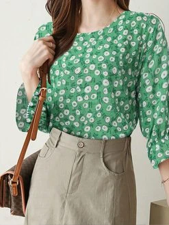 Random Allover Print Crew Neck 3/4 Sleeve Casual Blouse