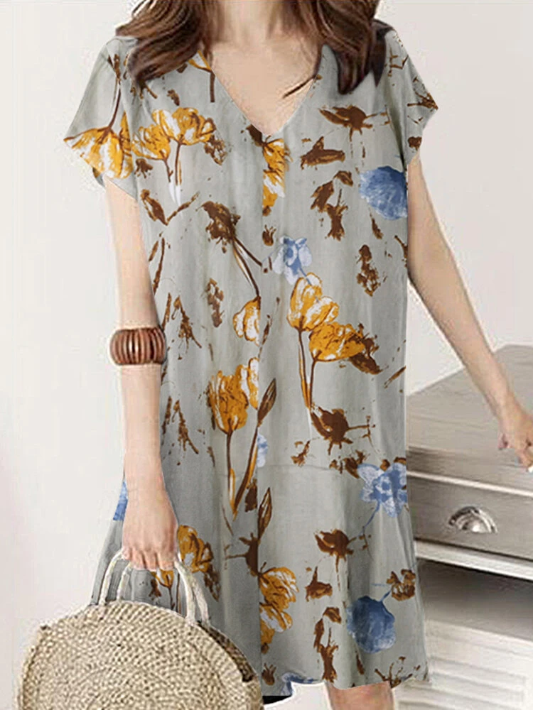 Plant Print Ruffle V Neck Short Sleeve Casual Dress 2 Plant Print Ruffle V Neck Short Sleeve Casual Dress - Image 2