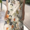 Cotton Plant Print Pocket Sleeveless Casual Print Dress