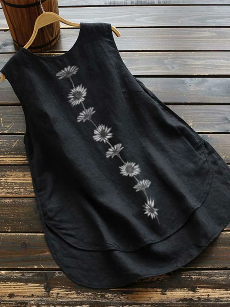 Women Floral Print Sleeveless Crew Neck Tank Top 3 Women Floral Print Sleeveless Crew Neck Tank Top - Image 3