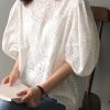 Women Guipure Crew Neck Cotton Lantern Sleeve Blouse