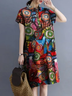 Abstract Painted Button Lapel Short Sleeve Print Midi Dress -Zanzea Shop a3656849 1305 40c8 9fa4 3c85588e79e6
