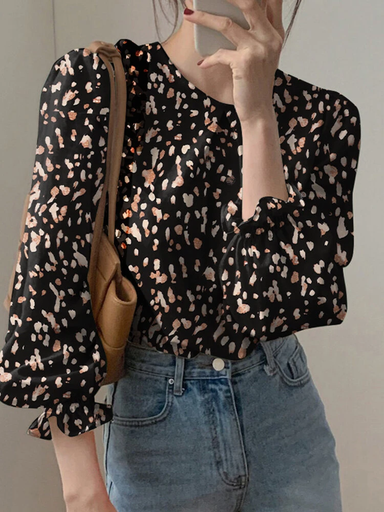 Allover Floral Pattern Puff Sleeve Casual Crew Neck Blouse 5 Allover Floral Pattern Puff Sleeve Casual Crew Neck Blouse - Image 5