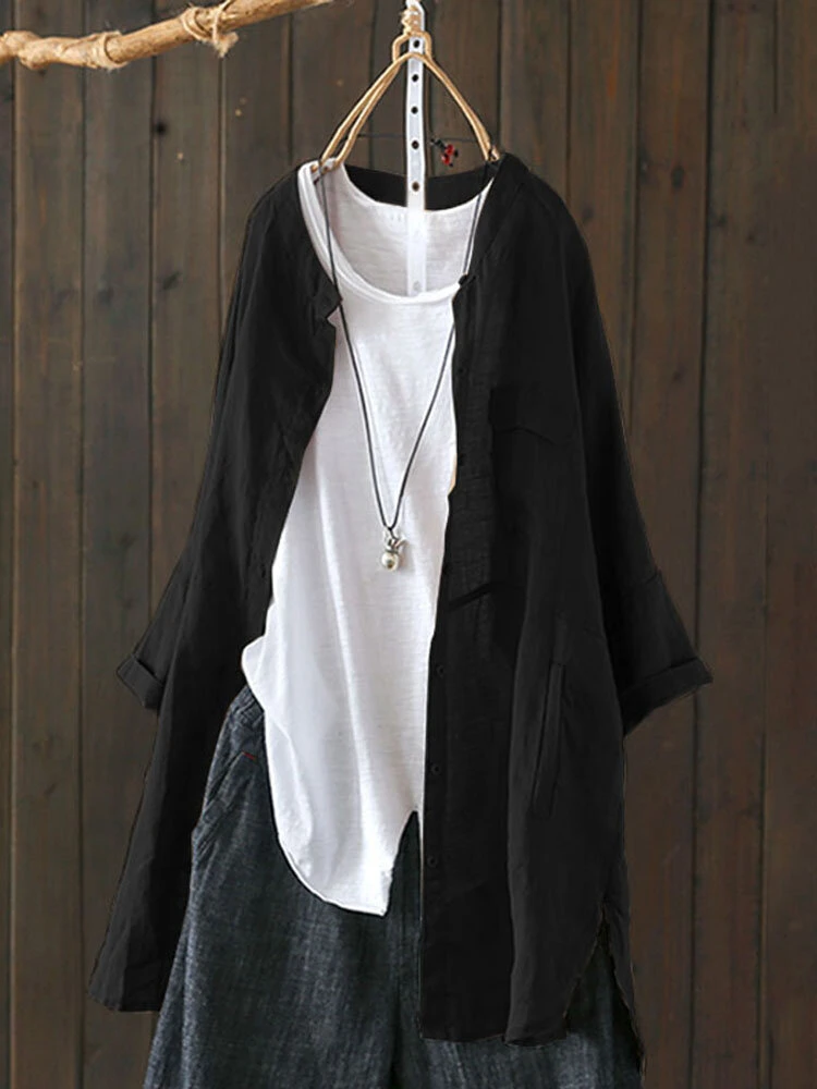 Vintage Solid Color High Low Plus Size Long Shirt 7 Vintage Solid Color High Low Plus Size Long Shirt - Image 7