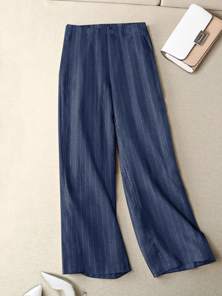 Women Vertical Striped Casual Straight Pants With Pocket 4 Women Vertical Striped Casual Straight Pants With Pocket - Image 4