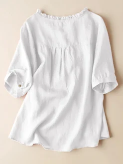 Women Plain Frill Neck Half Button Cotton 3/4 Sleeve Blouse -Zanzea Shop a3cd3f56 eada 4fde 8ec4 c39a906ed8c3