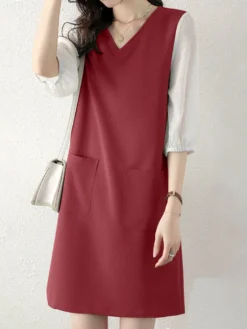 Contrast Dual Pocket 3/4 Sleeve V-neck Casual Dress -Zanzea Shop a3d888ee e3f8 4723 b09d d855c2058114
