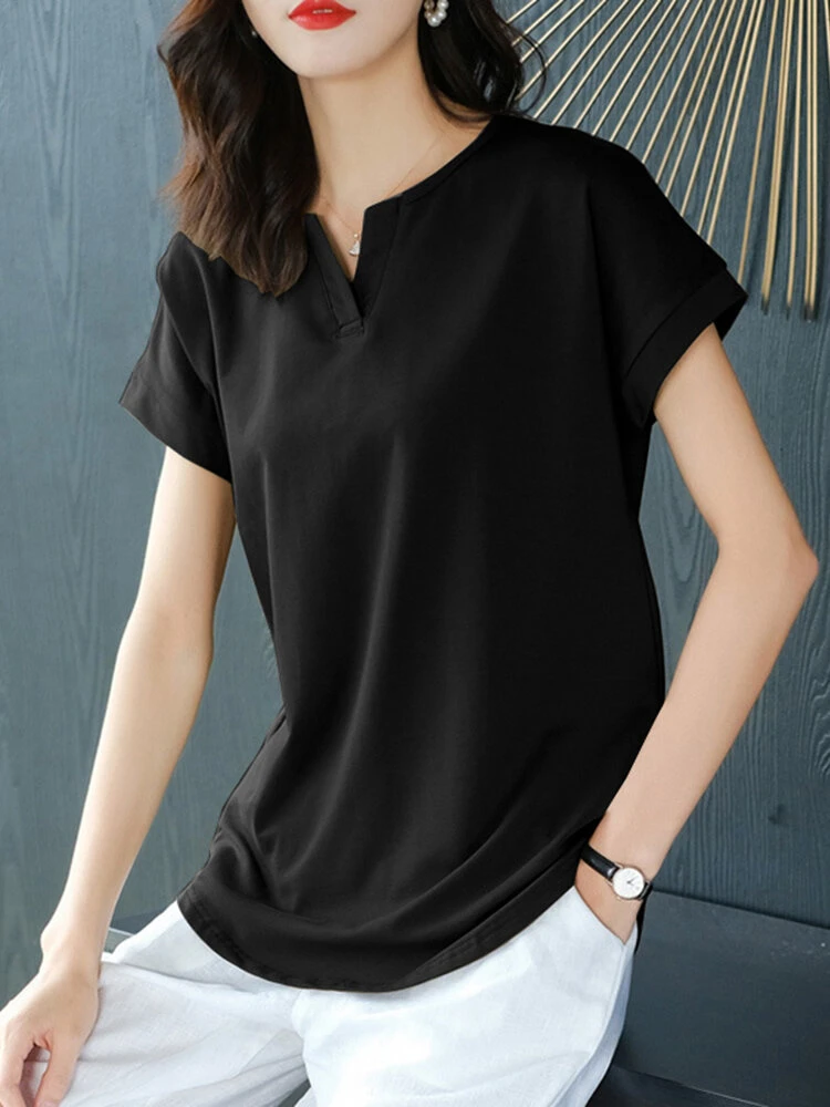 Solid Notch Neck Short Sleeve Casual T-shirt For Women 9 Solid Notch Neck Short Sleeve Casual T-shirt For Women - Image 9