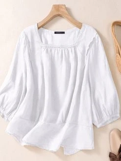 Women Solid Square Collar Cotton Casual 3/4 Sleeve Blouse -Zanzea Shop a3e3f5ad cd1a 48ff 8d98 e198e1b3407f