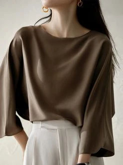 Satin Solid Dolman Sleeve Crew Neck Women Blouse -Zanzea Shop a3f028ee b857 4796 83de 1a7518a441e4