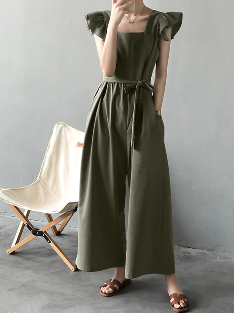 Solid Ruffle Sleeve Pocket Square Collar Wide Leg Jumpsuit 1 Solid Ruffle Sleeve Pocket Square Collar Wide Leg Jumpsuit