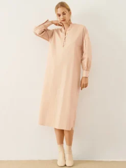 Solid Slit Hem Button Front Long Sleeve Stand Collar Dress