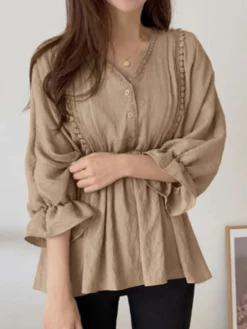 Lace Trim Puff Sleeve Ruffle V-neck Solid Blouse -Zanzea Shop a4177751 6990 4dba 94cc e996f360c26d