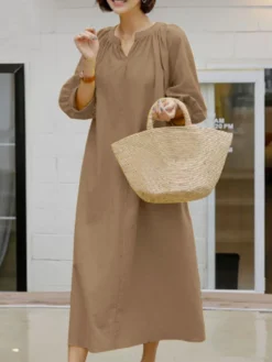 Solid Pocket 3/4 Sleeve V-neck Loose Casual Dress