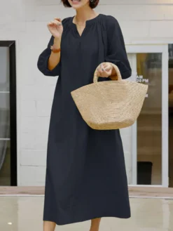 Solid Pocket 3/4 Sleeve V-neck Loose Casual Dress -Zanzea Shop a4775c7f c4f9 431b a1c8 9db7cfe1ef9d