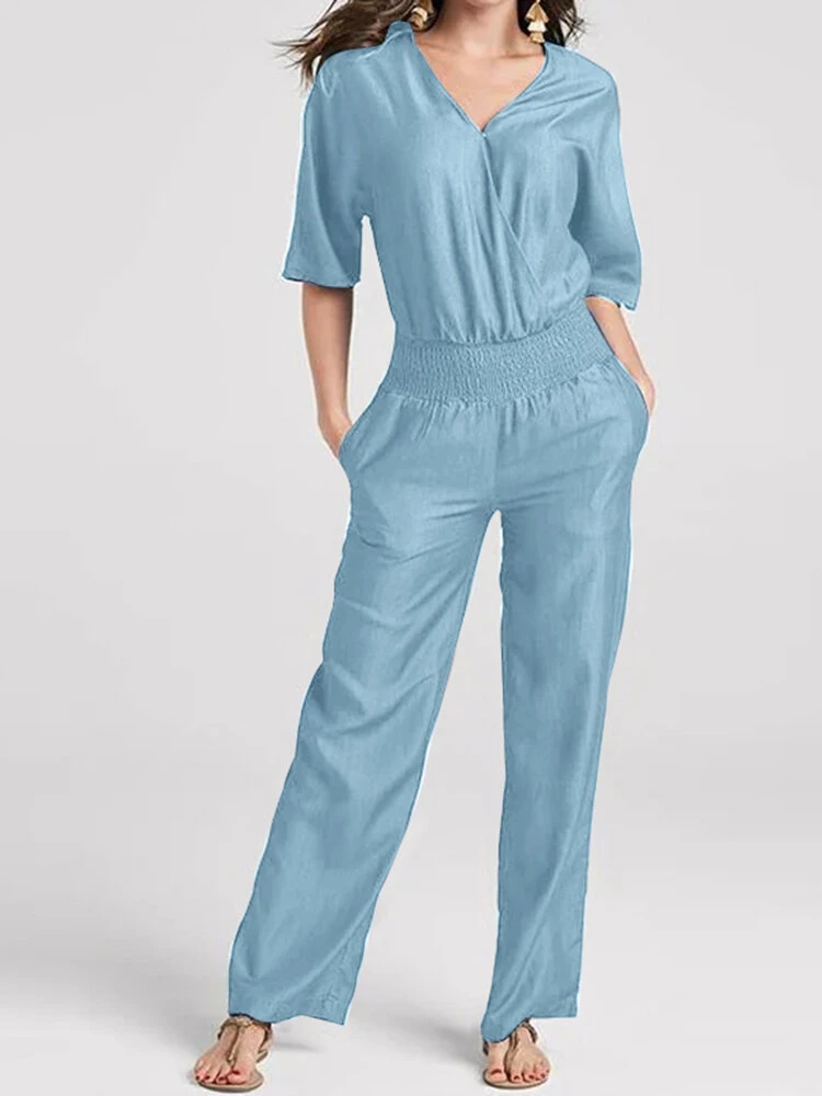 Women Solid V-Neck Shirred Waist Half Sleeve Denim Jumpsuit 2 Women Solid V-Neck Shirred Waist Half Sleeve Denim Jumpsuit - Image 2