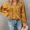Solid Satin Long Sleeve Tie Front V-neck Blouse