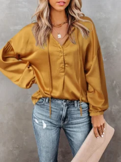 Solid Satin Long Sleeve Tie Front V-neck Blouse