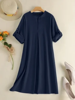 Solid Pocket Roll Tab Sleeve Notch Neck Vintage Dress -Zanzea Shop a4968130 8acb 4b63 a5ab c9a30d23e45f
