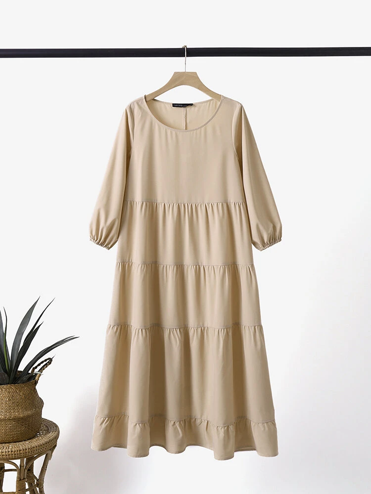 Solid Crew Neck A-line 3/4 Sleeve Casual Dress 3 Solid Crew Neck A-line 3/4 Sleeve Casual Dress - Image 3