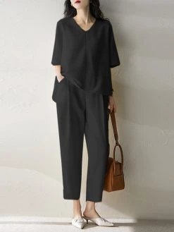 Women Solid Half V-neck Pocket Two Pieces Suit -Zanzea Shop a4c711bc 82b0 4958 821c 73375c2b5480