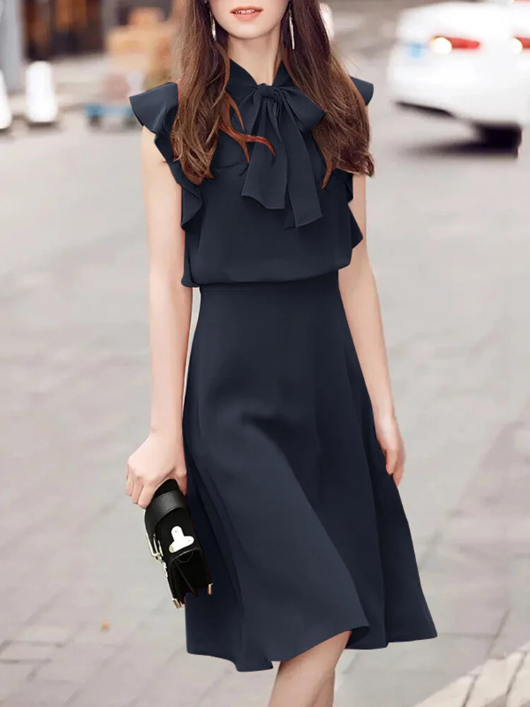 Solid Ruffle Sleeve Tie Neck Invisible Zip Back Dress 5 Solid Ruffle Sleeve Tie Neck Invisible Zip Back Dress - Image 5