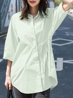 Solid Button Front Tie Lapel 3/4 Sleeve Loose Blouse -Zanzea Shop a4f73285 3d1e 4760 824d 71f94fe654d7