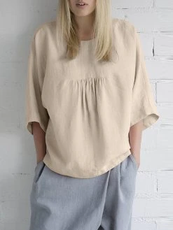 Women Solid Pleated Crew Neck Cotton 3/4 Sleeve Blouse -Zanzea Shop a5018248 a7e9 4d6b a8a3 e781d7097b4b