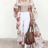 Bohemian Flower Print Long Sleeve Loose Chiffon Kimono