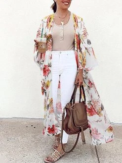 Bohemian Flower Print Long Sleeve Loose Chiffon Kimono