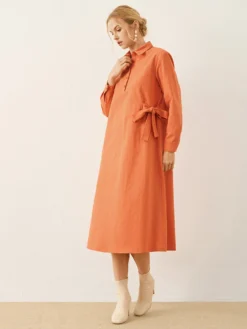 Solid Bowknot Long Sleeve Lapel Button Half Placket Dress -Zanzea Shop a512d824 d572 46e3 9fdb fac4b6fe698e