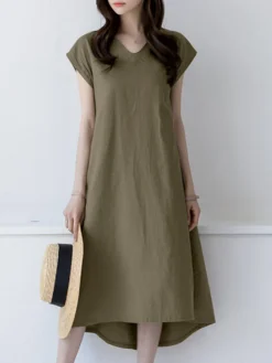 Solid High-low V-neck Short Sleeve Casual Dress